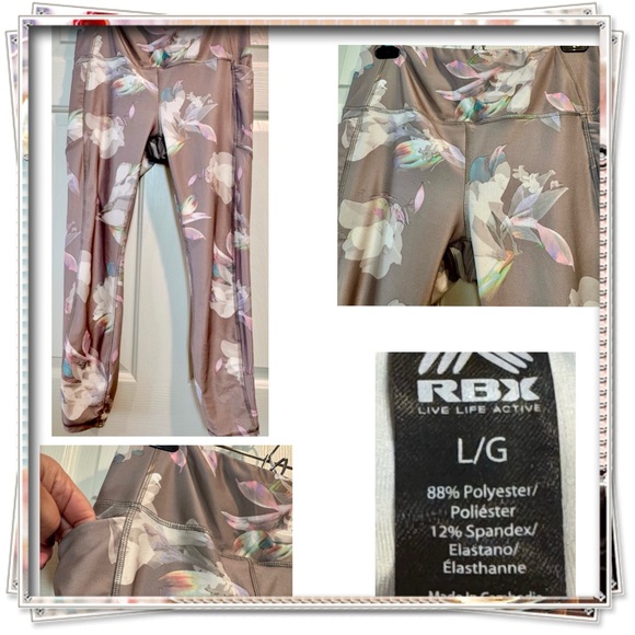 Women’s RBX leggings - beige w/ floral design - thigh pockets - size Large - Picture 11 of 12